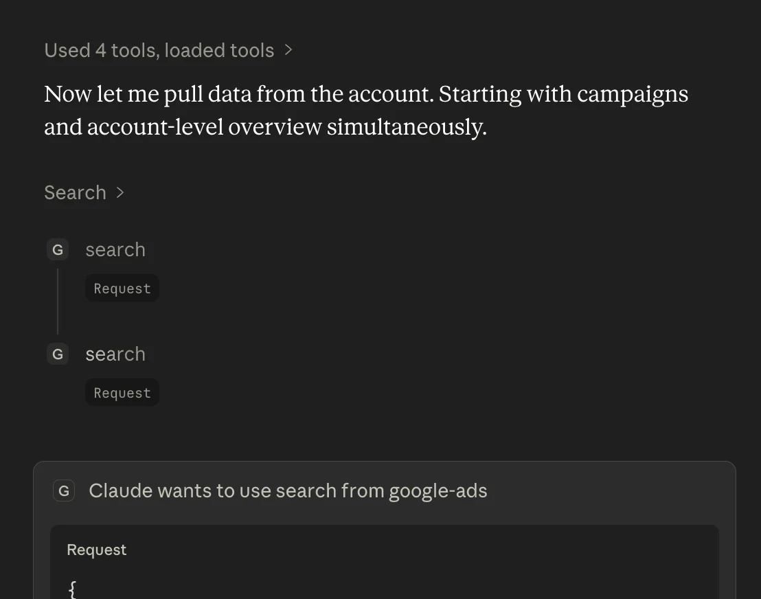 Claude requesting permission to run a search tool from the google-ads MCP server.