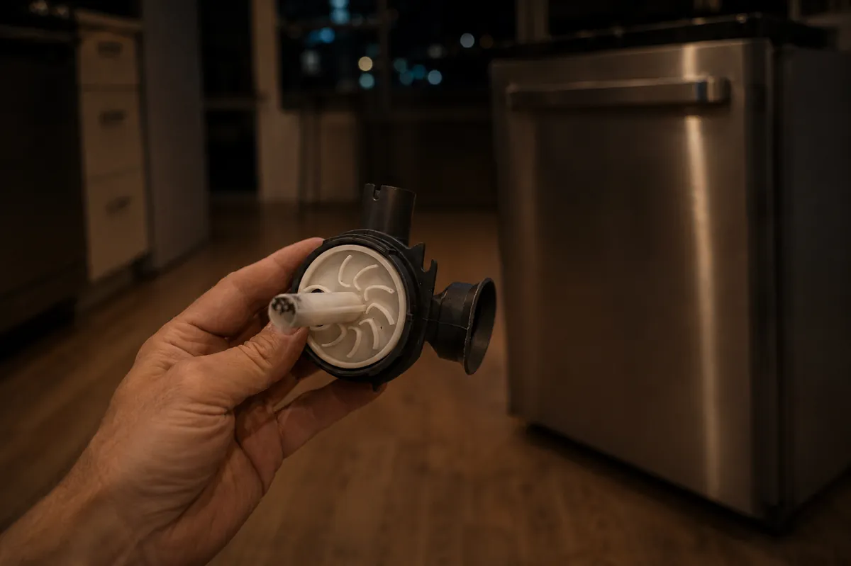 The failed diverter held in my hand, a black plastic housing with a white impeller wheel, the dishwasher behind it.