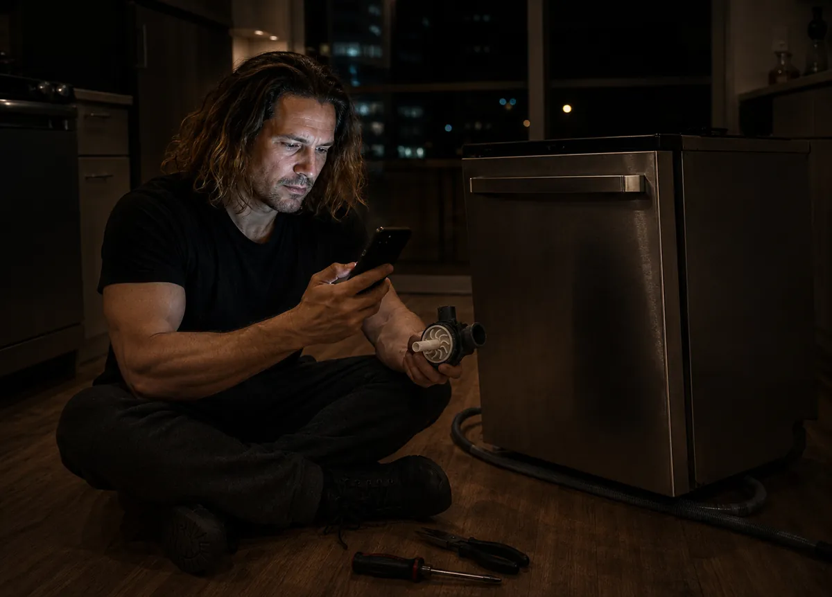 Sitting cross-legged on the kitchen floor at night, the dishwasher pulled out beside me, the failed part in one hand and my phone in the other.