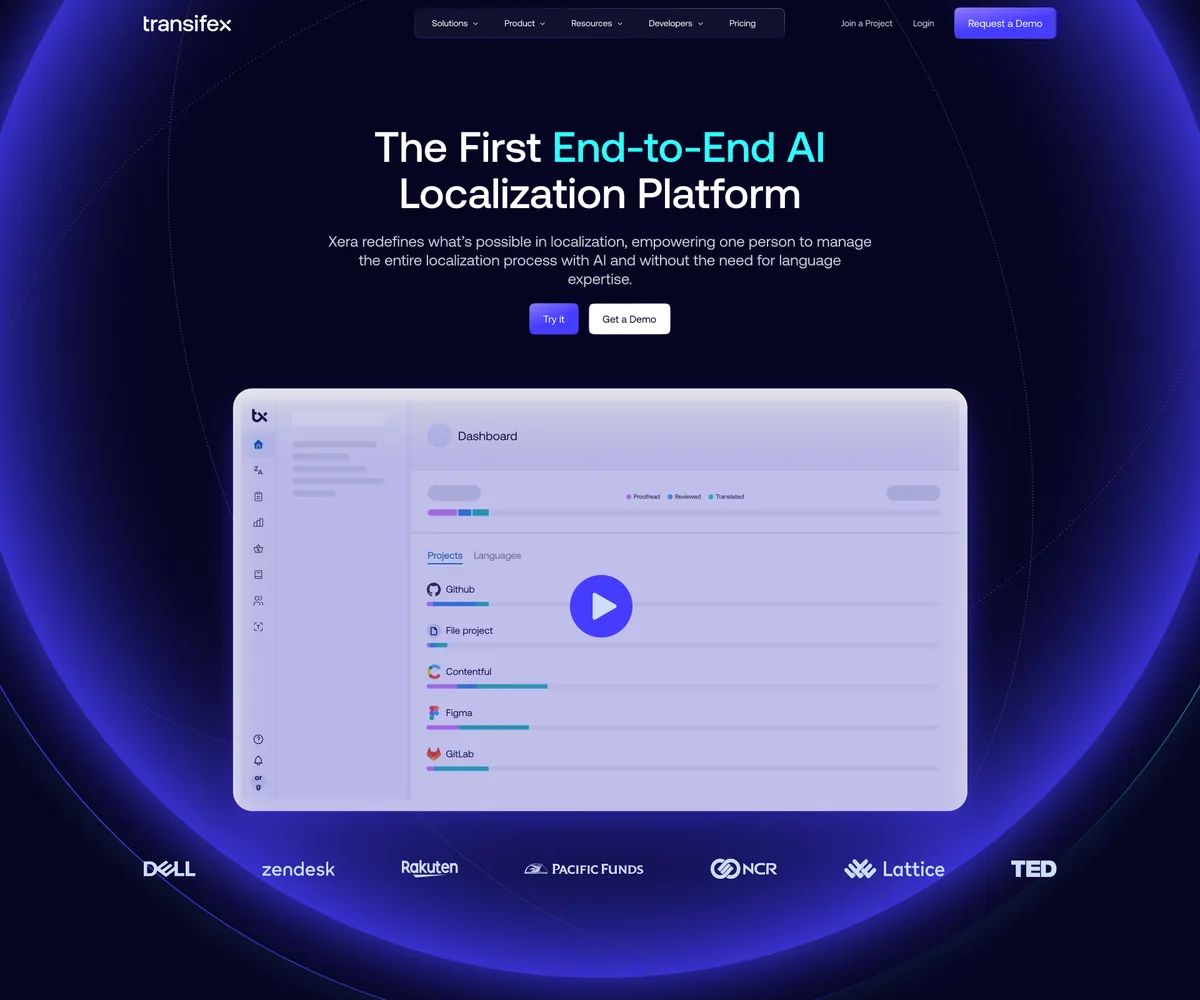 The product page for Xera, headlined The First End-to-End AI Localization Platform, with a dashboard screenshot.