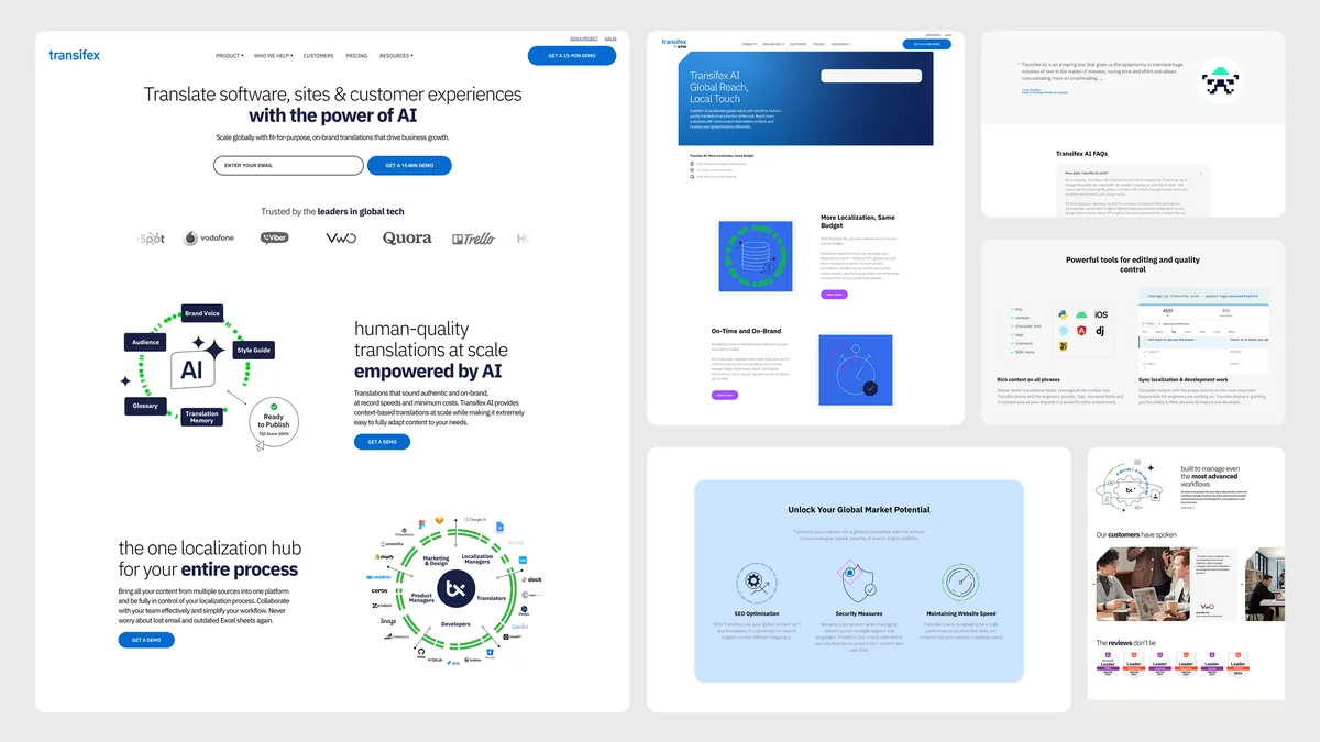 A collage of Transifex website pages in the old identity: blue logotype on white, green dotted illustrations, light SaaS layouts.
