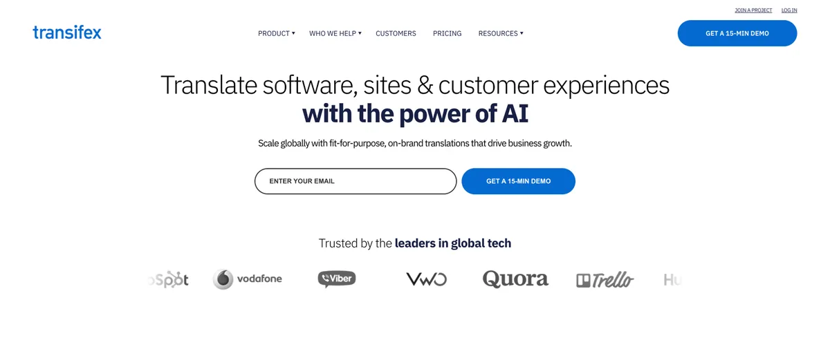 The Transifex homepage in the old visual identity but with new messaging: Translate software, sites and customer experiences with the power of AI.