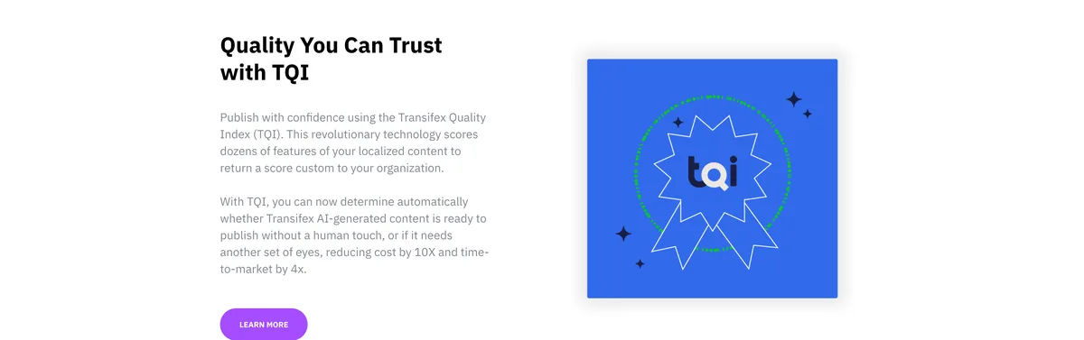 A page section in the old identity introducing TQI, the Transifex Quality Index, with a badge illustration.