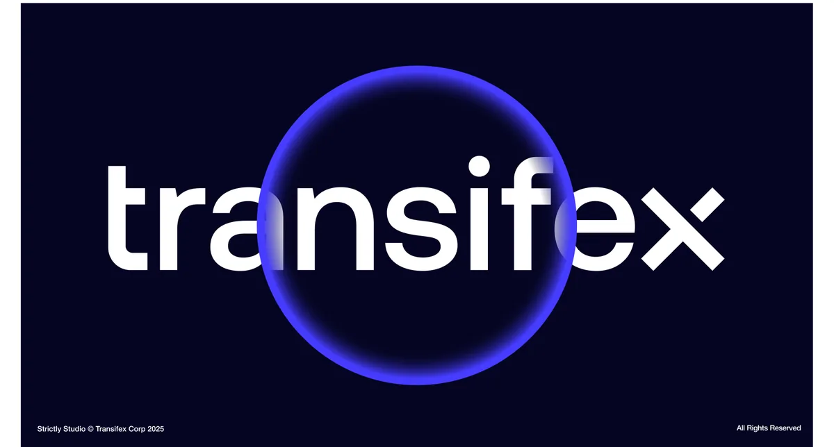 The new Transifex logotype, a lowercase custom sans passing through a glowing blue sphere on a near-black ground.